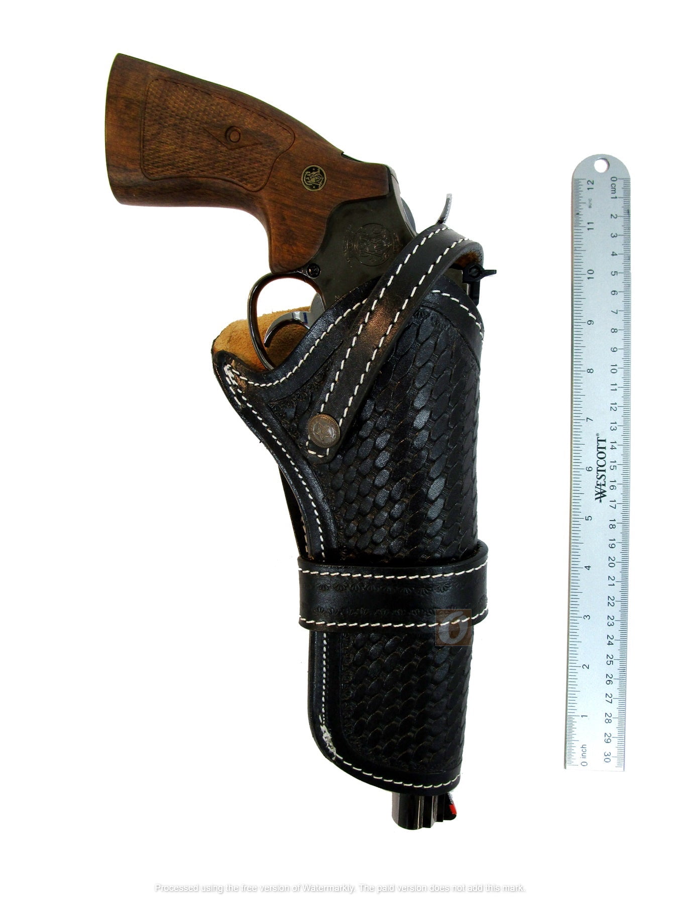 Leather Holster Basket Tooled Long Barrel Western Gun Cover Black Color - Right Handed