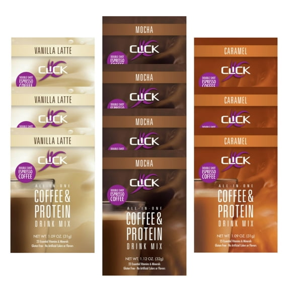 CLICK Coffee Protein Variety Pack, 12 Single-Serve Packets, All 4 Flavors