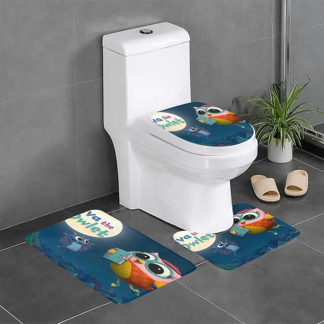 Eva la Lechuza Juego de 3 alfombras de baño de coral fleece: tapete de baño + alfombra de inodoro en forma de U + funda de tapa de inodoro en forma de O