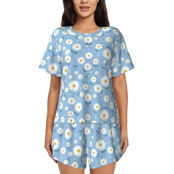 Kdxio Daisies Flowers Print Pajamas Sets for Women Short-Sleeved Pjs with Lounge Shorts Two Piece Sleepwear S-4XL