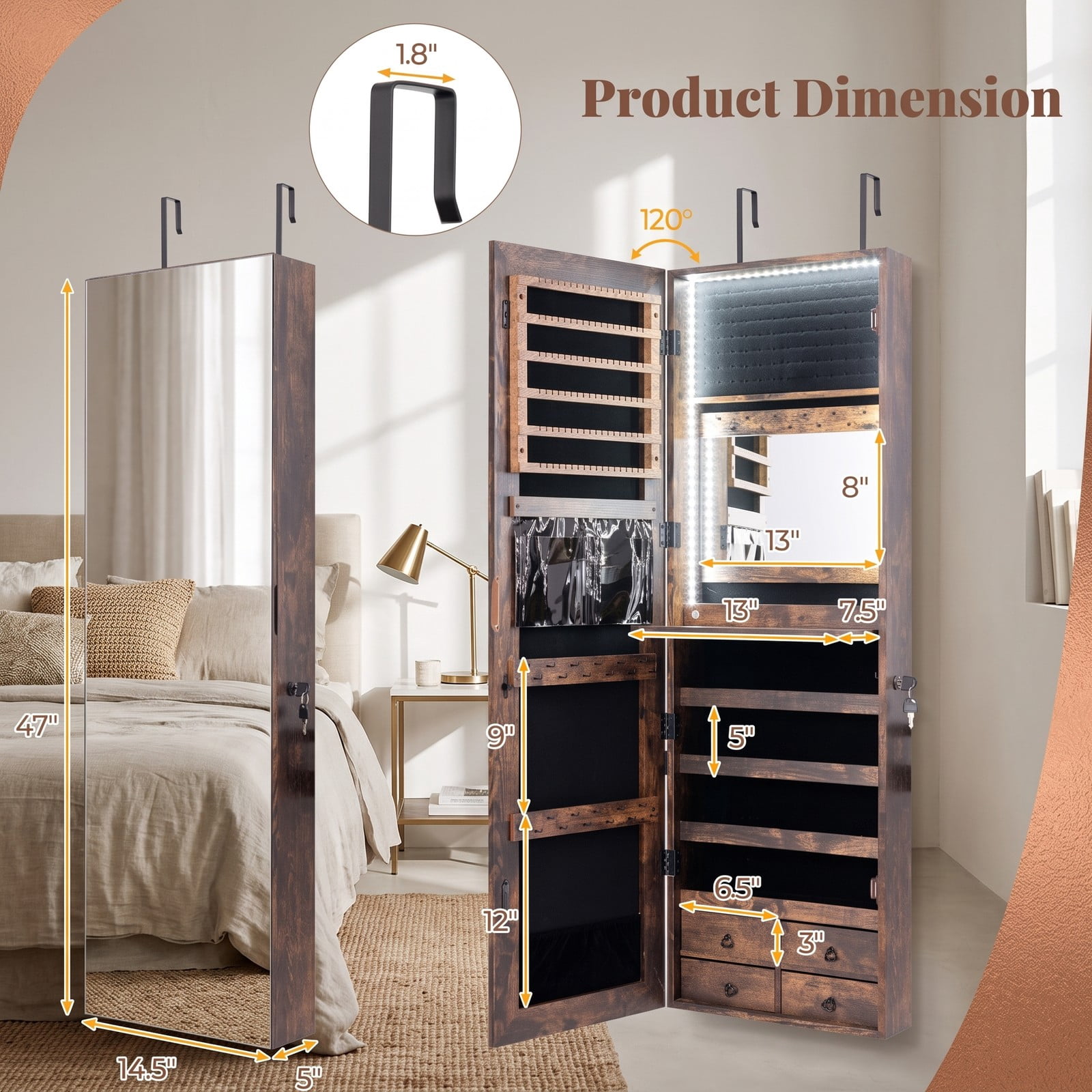 Furnibear Wall and Door Mounted Jewelry Cabinet with Full-Length Mirror, 4 Drawers, and 96 LED Lights for Bedroom Storage, Rustic Brown
