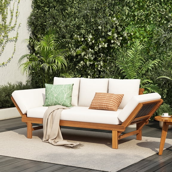 Christopher Knight Home 94.41" Outdoor Daybed with Adjustable Armrests, Teak and Cream