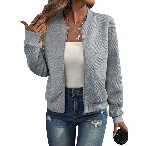 Womens Jacket Coat Casual Stand Collar Zip Up Fall Fashion Jackets Outfits with Pockets Grey M