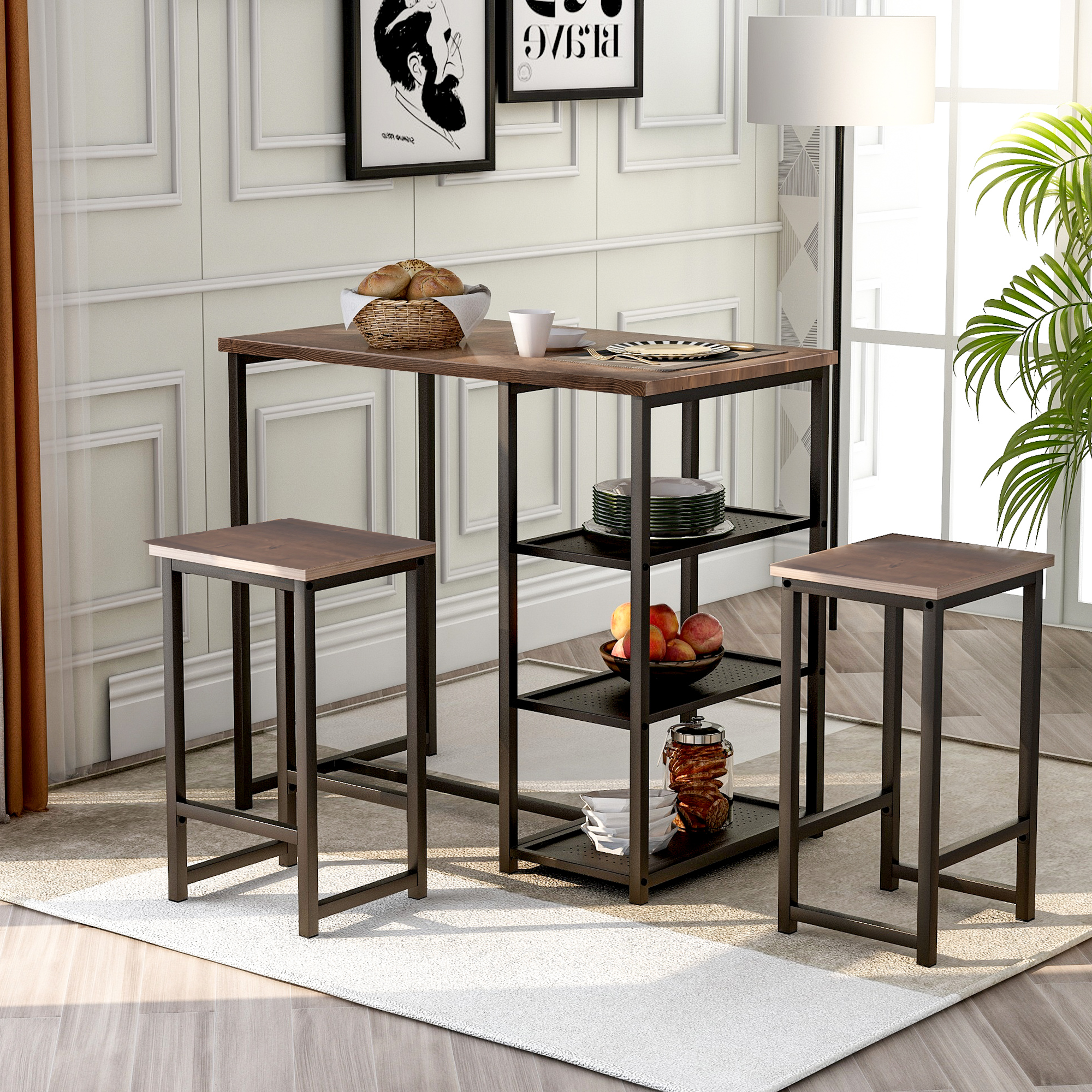 3Piece Retro Pub Table Set with 2 Stools, Metal Bar Table Set with 3