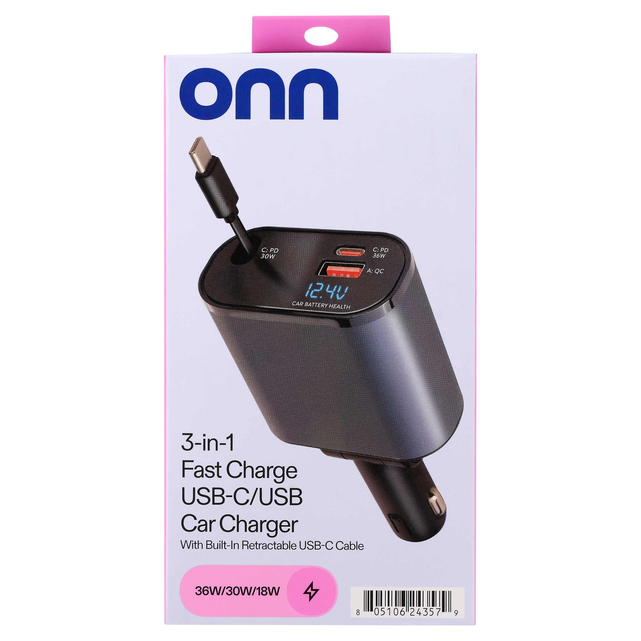 onn 3-in-1 Fast Charge USB-C/USB Car Charger photo 4