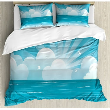 Cloud Queen Size Duvet Cover Set, Calming Scene of Rising Sun and Flying Seagulls over the Ocean, Decorative 3 Piece Bedding Set with 2 Pillow Shams, Azure Blue White and Baby Blue, by Ambesonne