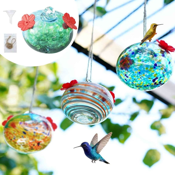 KOYPTL Hand Blown Glass Hummingbird Feeders for Outdoor Hanging Ornaments with Two Flower Feeding Ports,Small Bird Feeders Leak-Proof for Garden Patio Backyard Window Outside Decor Gifts for Women