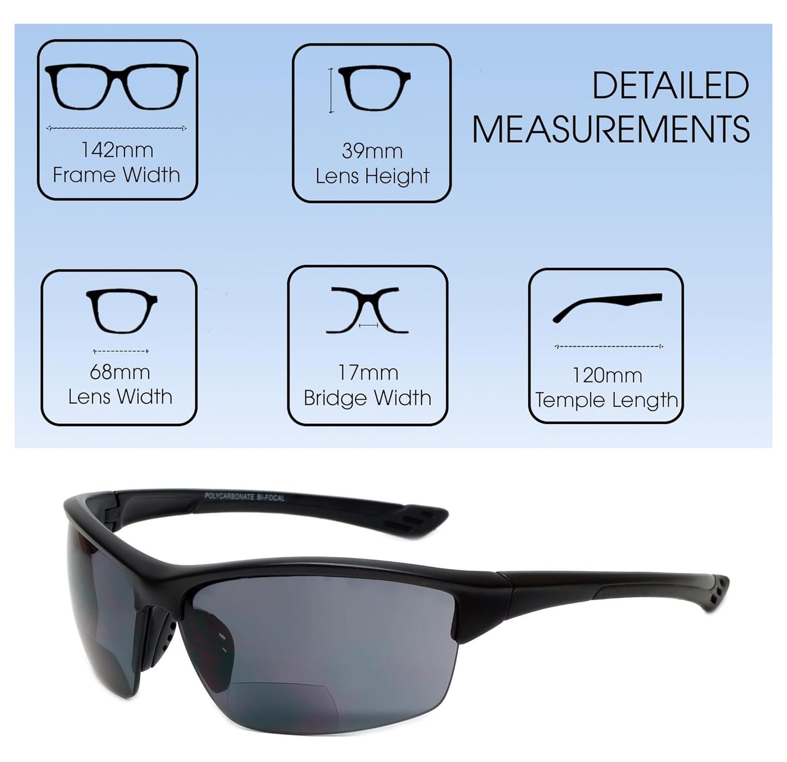 Sport 202BF Bifocal Reading Safety Glasses Readers Men Women Anti Fog Wrap Around Tinted UV Protection Semi-Rimless