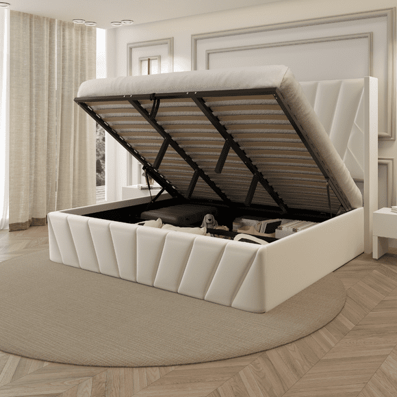 Velets Eva Mid-Century Modern Soft Padded Upholstered Platform Storage Bed Frame w/Hydraulic Gaslift Storage, Sturdy Wood Slat System & Smart Under-Bed Storage (Ivory, King)