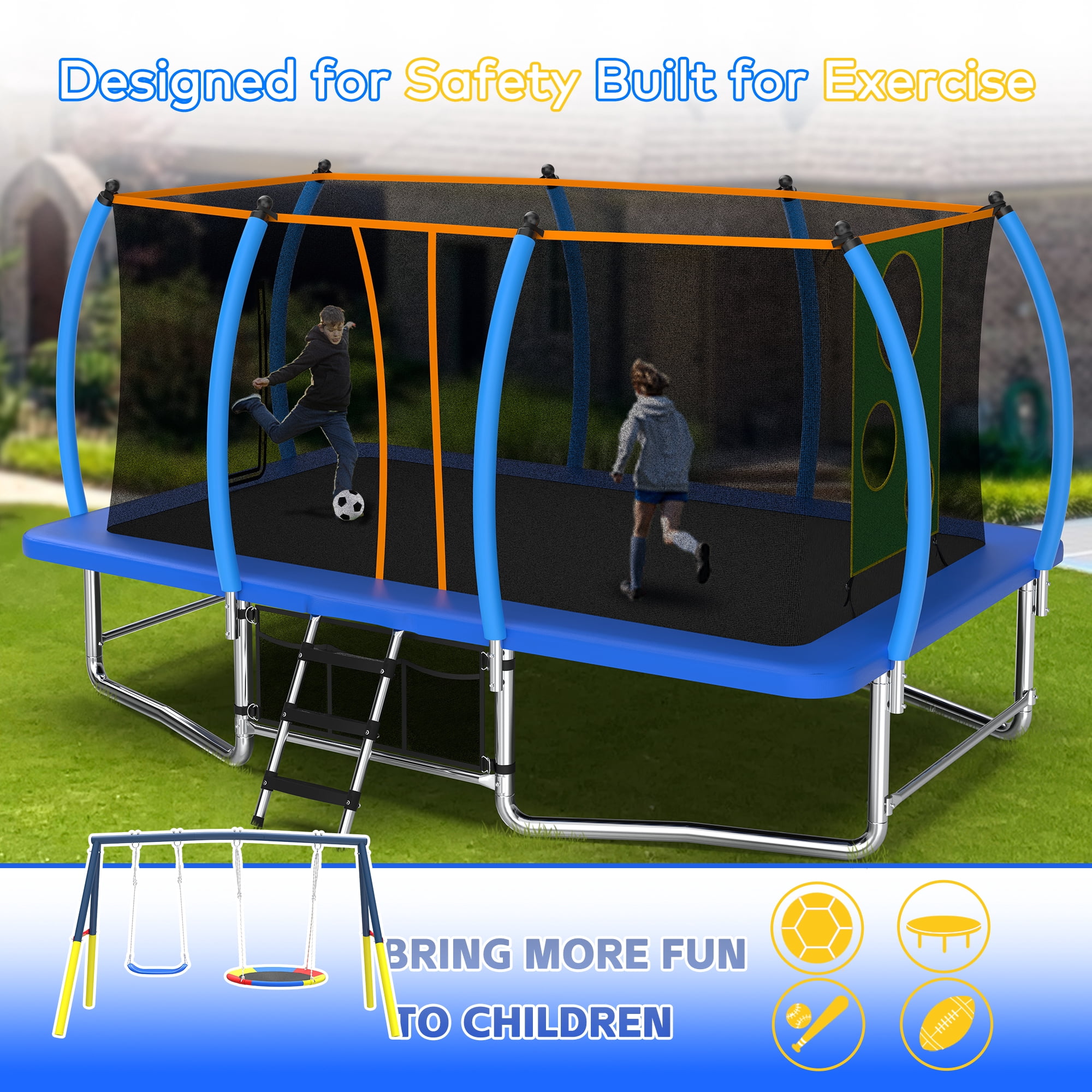 Mersco 10x16FT 4-in-1 Trampoline with Swing Set , Enclosure Net, Recreational Trampoline, Outdoor Kids and Adults Trampoline for Backyard, Beach, Birthday Gifts ,Blue