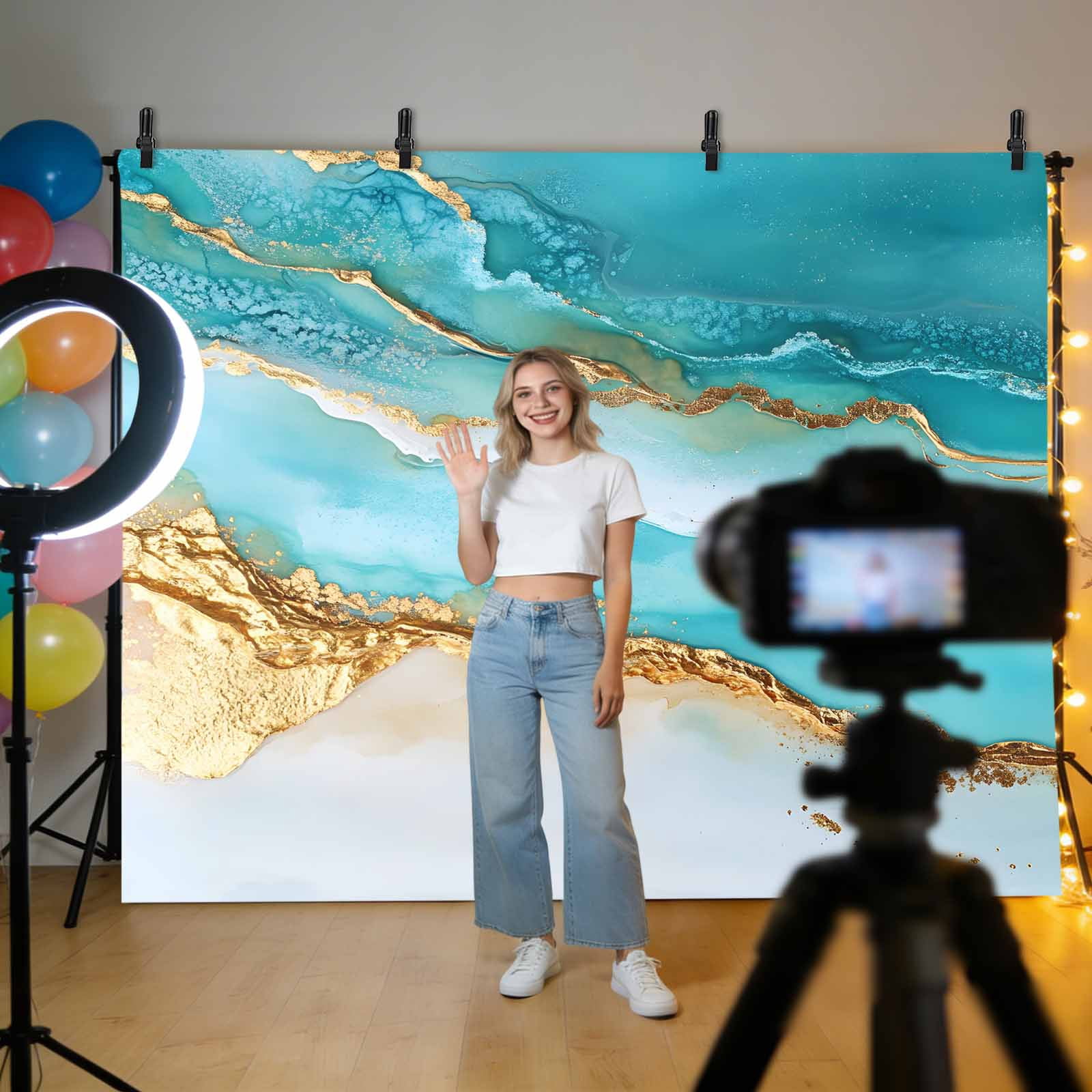 Abstract Waves Backdrop for Photography, Blue Retro Oil Painting Style Hand-painted Photo Backdrop Portrait Background Party Banner Photo Backgrounds for Studio Booth Props, 7x5ft