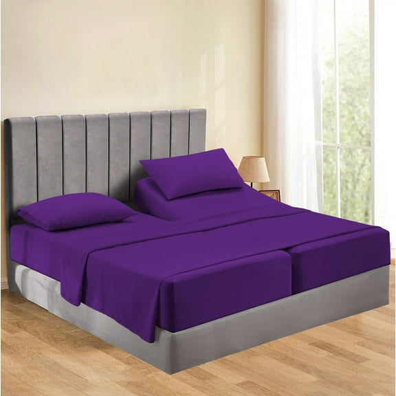 600-Thread Count Egyptian Cotton 5-Piece Split King Sheet Set, 7-9" Inch Deep Pocket, Split King Size Purple Solid