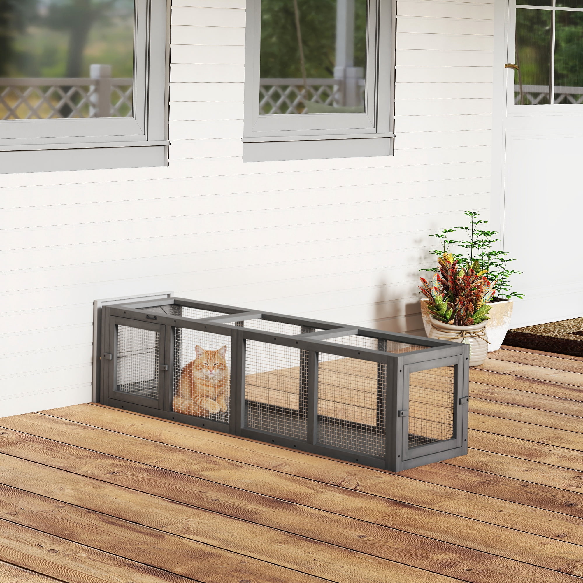 PawHut Outdoor Cat Tunnel, 59" Wooden Play Cat Enclosure, Extendable Pet Run with 3 Doors, for Indoor and Outdoor Use, for Kitty, Puppy, Gray