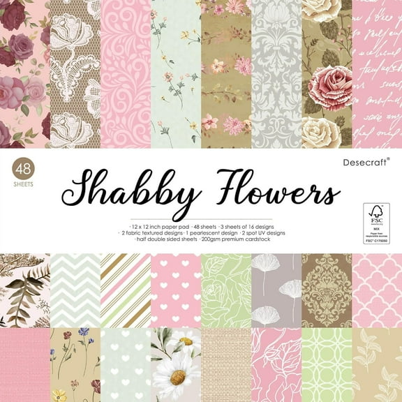 Desecraft 48 sheets 12x12 Scrapbooking Cardstock Decorative Paper Pack - Vintage Shabby Flower - for Card Making Journaling Planner Origami Scrapbook Paper Scrapbook Materials Supplies