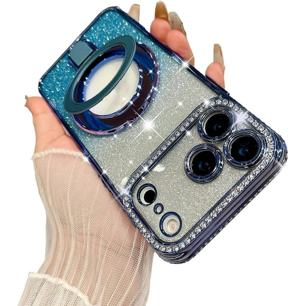 Estuche magnético con purpurina para iPhone 17 Pro Max, con MagSafe, con brillantes y soporte, de lujo, para cámara y a prueba de golpes