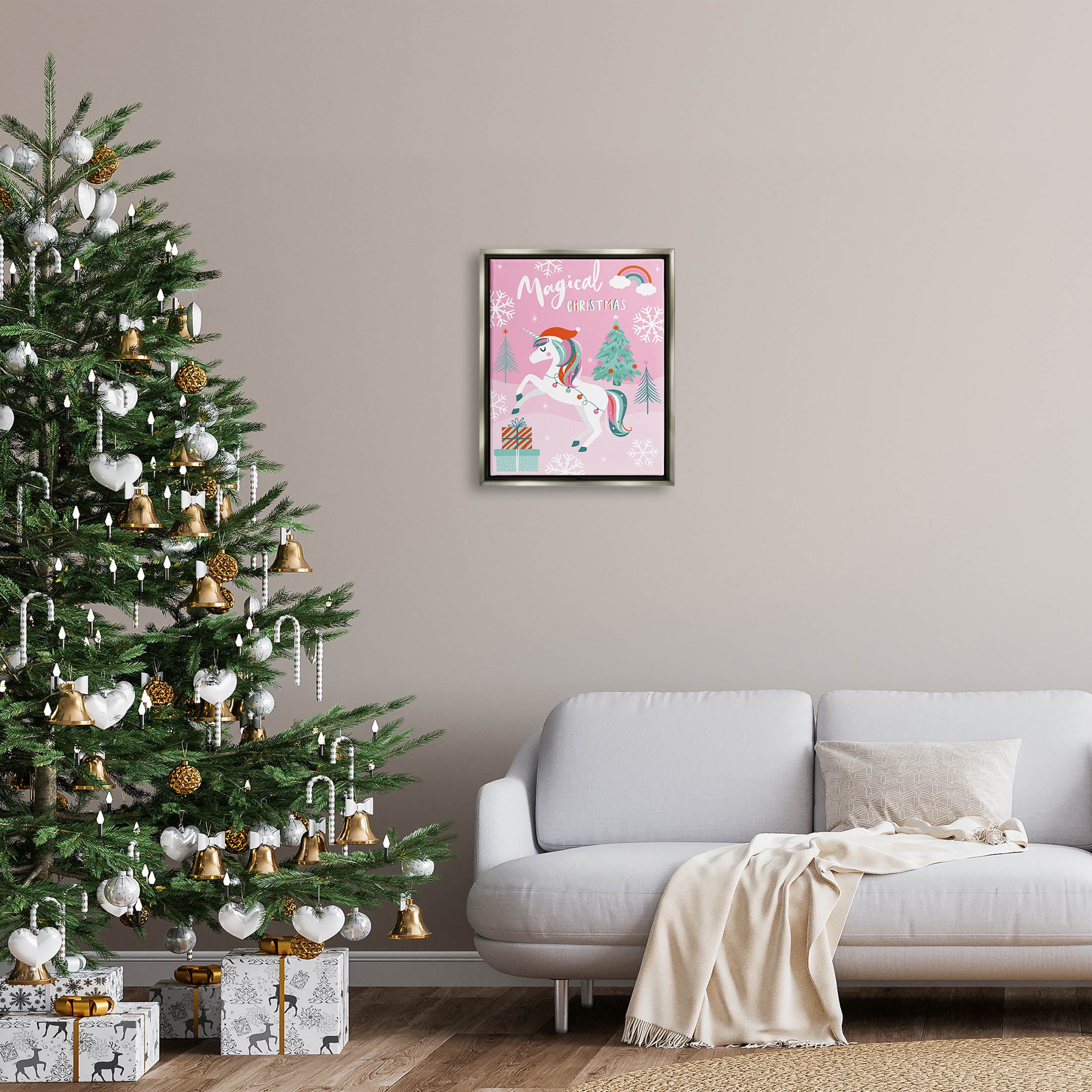 Magical Christmas Pink Unicorn Holiday Graphic Art Luster Gray Framed Art Print Wall Art