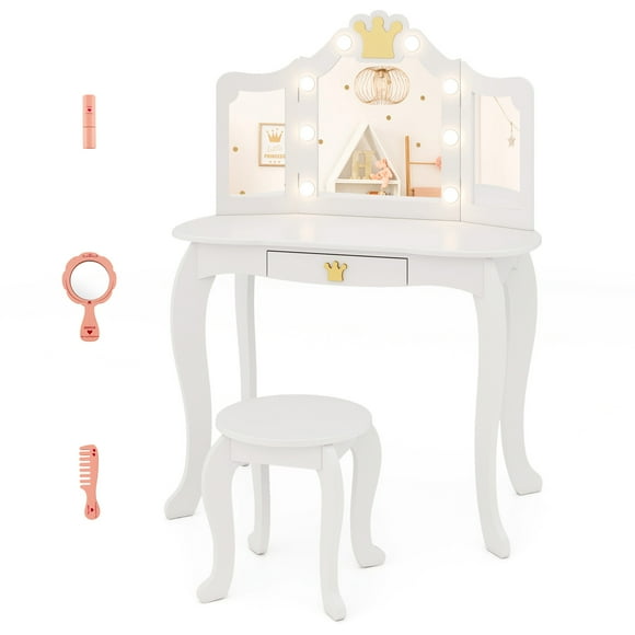 Costway Kids Vanity Set Princess Vanity Table & Chair Set with Lighted Mirror White