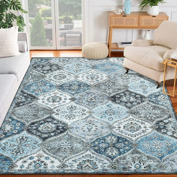 Twister.CK Machine Washable Area Rug 9' x 12', Non-Slip Backing, Soft Stain Resistant and Low Pile Faux Wool Accent Carpet, Vintage Printed Rugs for Living Room, Bedroom, Blue