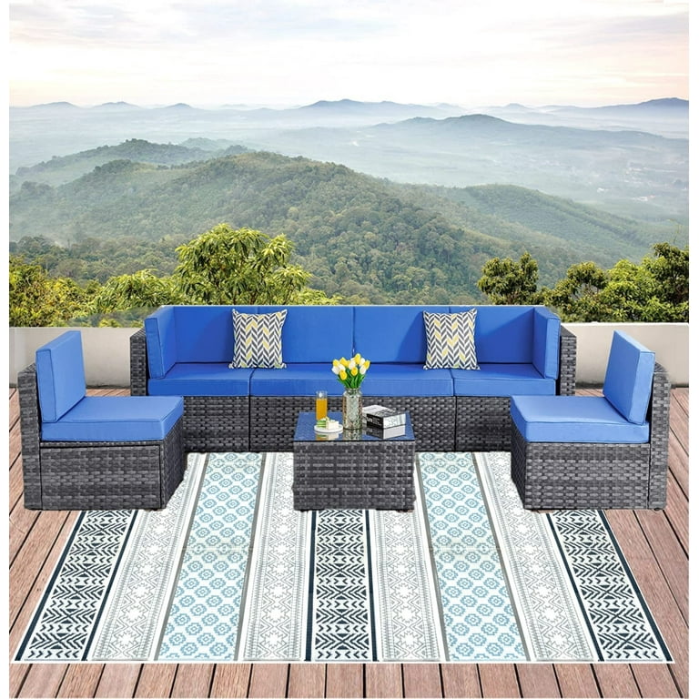 BalajeesUSA Outdoor rugs Plastic straw patio rugs-9 by 12 feet. Grey Teal  reversible mats waterproof rv camper mats patio rugs Clearance.7025 