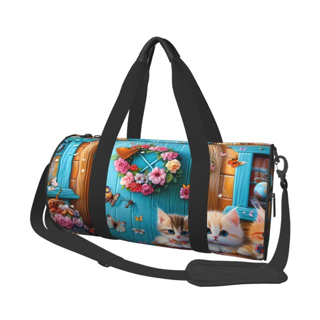 Fotbe Whimsical Cats and Flowers Scene Bolsa Deportiva de Lona Plegable con Estampado, Bolsa de Gimnasio con Bolsillo Seco/Húmedo, Bolsa de Viaje Ultraligera de Gran Capacidad