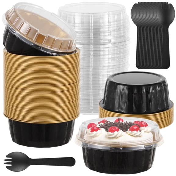 50 Pcs Gold Aluminum Foil Baking Cups with Lids & Spoons, 8 oz Disposable Ramekins for Brownie, Cheesecake, Party & Holiday Desserts