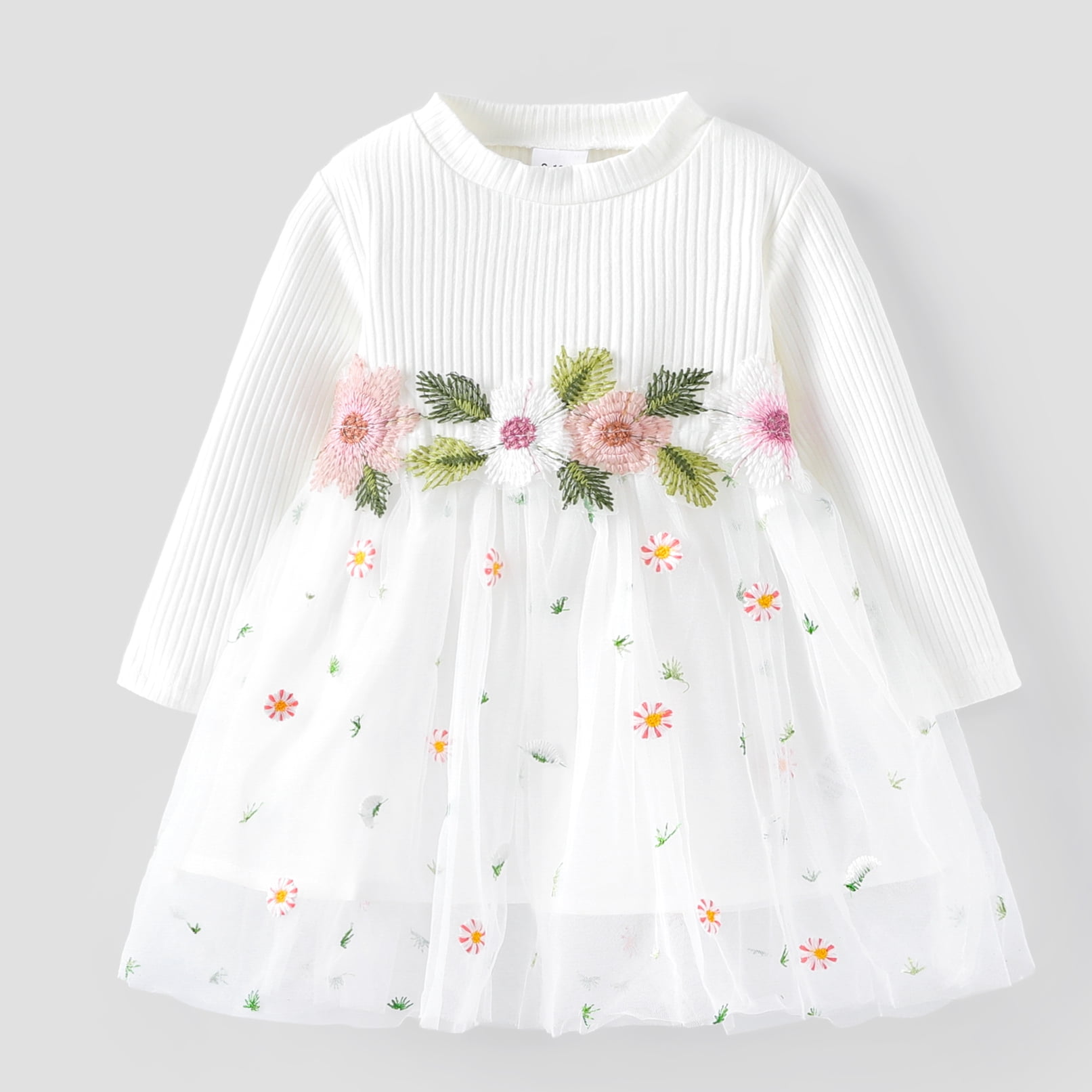 PatPat Cotton Kid Clothes for Newborn Daughter: White Ribbed Long-sleeve Floral  Embroidered Mesh Dress - Walmart.com