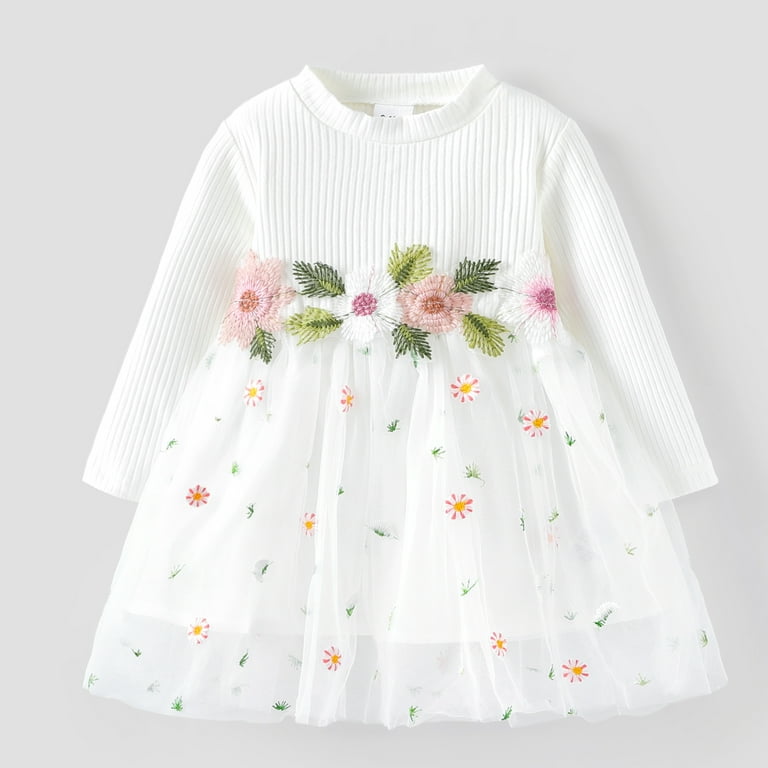 PatPat Cotton Kid Clothes for Newborn Daughter: White Ribbed Long-sleeve Floral  Embroidered Mesh Dress - Walmart.com