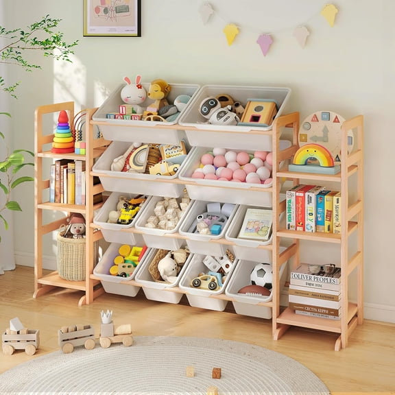 Jolie Vallee Kids Toy Organizer and Storage with 12 Removable Toy Bins, 6 Open Shelves, Wood Storage Shelf for Playroom, Bedroom