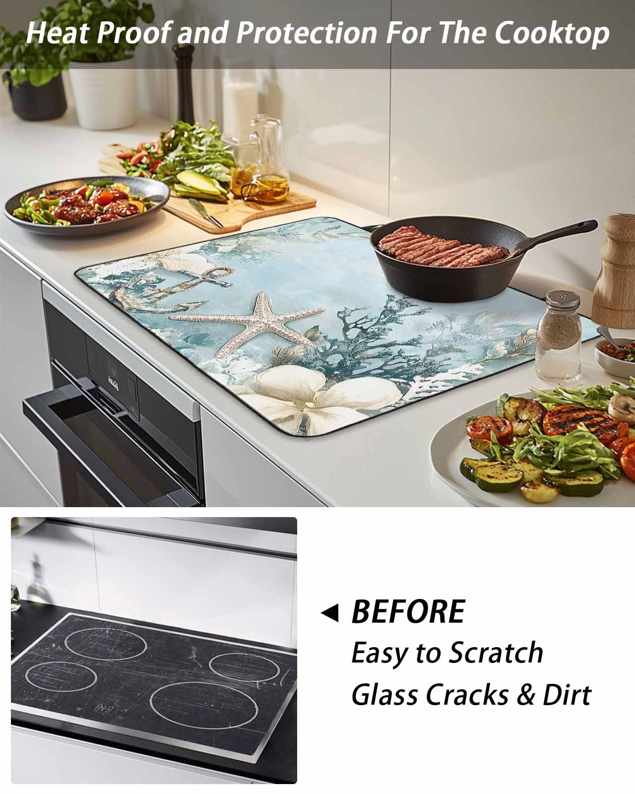 Stove Top Covers for Electric Stove, Blue Coastal Glass Stovetop Cover Protector, Beach Nautical Anchor Starfish Botanical Induction Cooktop Protector Oven Mat for Kitchen Countertop 24"x21"