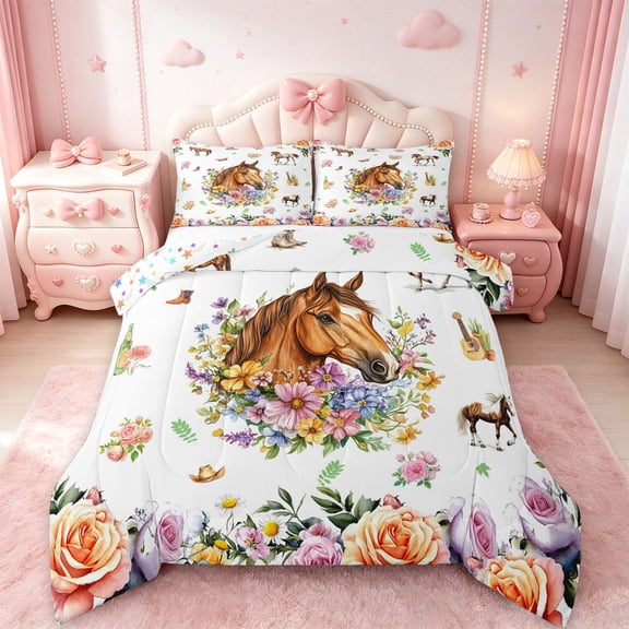 Erosebridal Chic Horse Bedding Sets Twin with Comforter,Farm Animal Duvet Insert,Colorful Floral Comforter Sets Twin Size,Super Cozy Room Decoration Reversible,2pcs