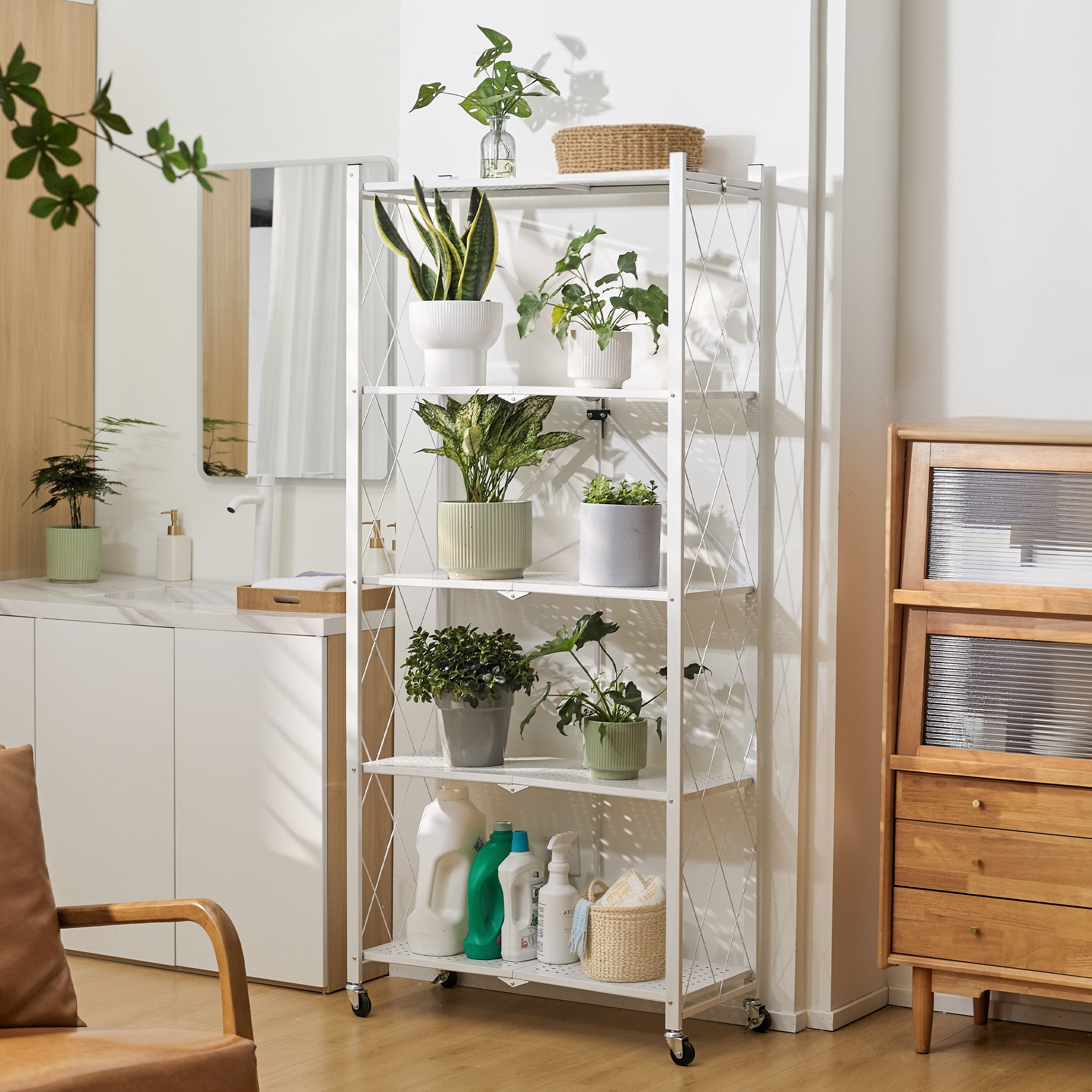 70.7" H Large Storage Shelves with Wheels, Bookshelf with Storage, No Assembly Metal Rack Shelf for Kitchen, Office, Laundry, Garage,2 Pack （5 Tier White）