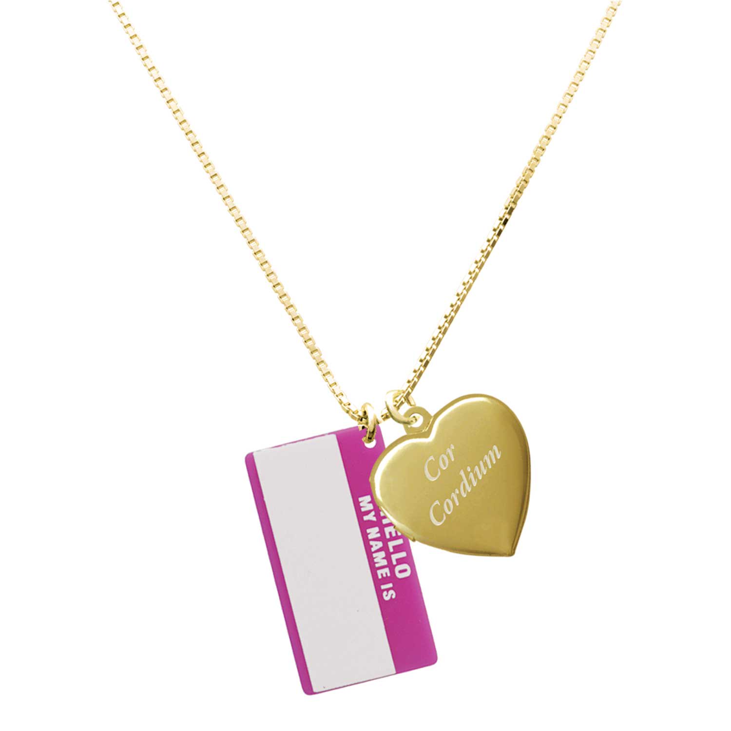 Delight Jewelry Acrylic Pink "Hello" Name Tag - Goldtone Engraved Cor Cordium Heart Locket Necklace, 17.5"+2" Extender