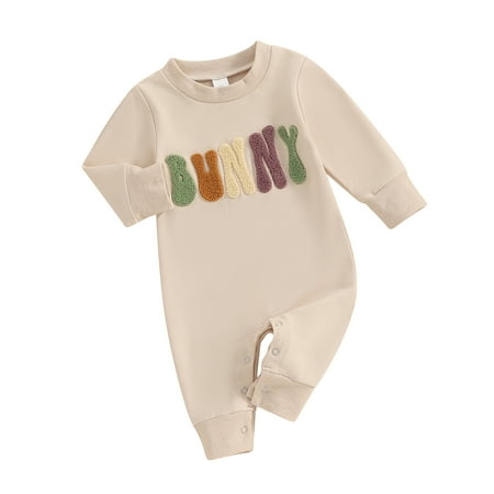 

Yunliwuli Baby Easter Romper Spring Long Sleeve Letter Embroidery Loose Jumpsuit Newborn Bunny Playsuit