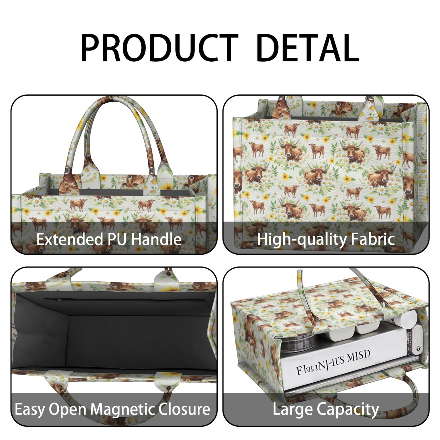Large Capacity Tote Bag,White Highland Cow Daisy Flower Pattern Handbag Fashion Luxury Tote Bag,15.7"x13"x 5.1" Inches,Laptop Compatible