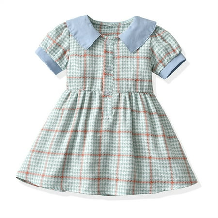 

Huilaibazo Girls Dress Kids Toddler Baby Girls Spring Summer Plaid Cotton Short Sleeve Princess Dress Clothes