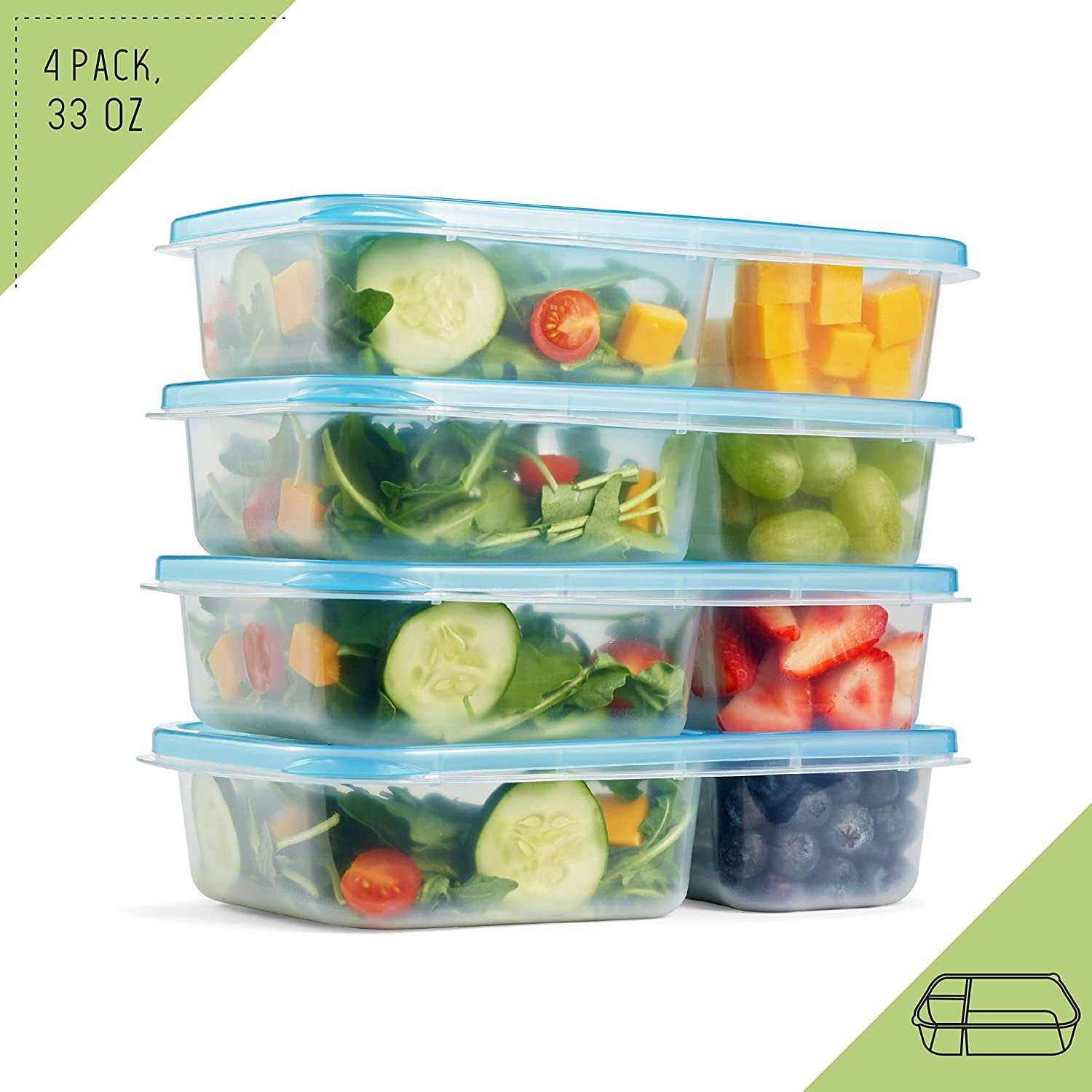 Fit & Fresh Meal Prep Container Set with Blue Lids, Set of 4, Portion