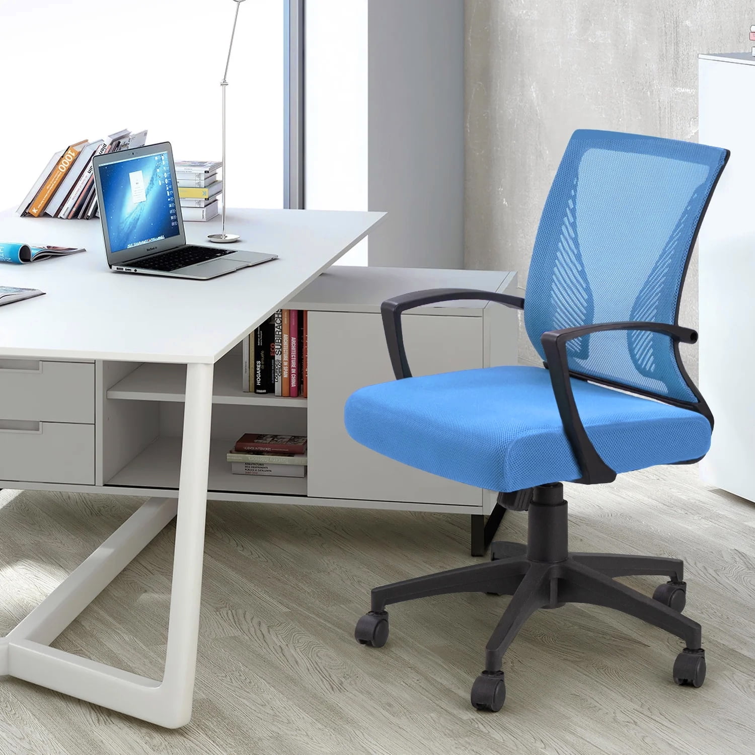 Furmax Office Mid Back Swivel Lumbar Support Desk, Computer Ergonomic Mesh Chair with Armrest, Blue