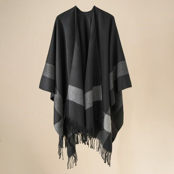 Women Cloak Shawl Cardigan Shawl Color Blocking Striped Windproof Warm Fashionable for Autumn Spring Winter