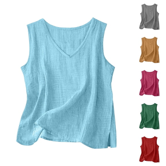 Women's Solid Color Cotton Linen V Neck Sleeveless Vest Casual