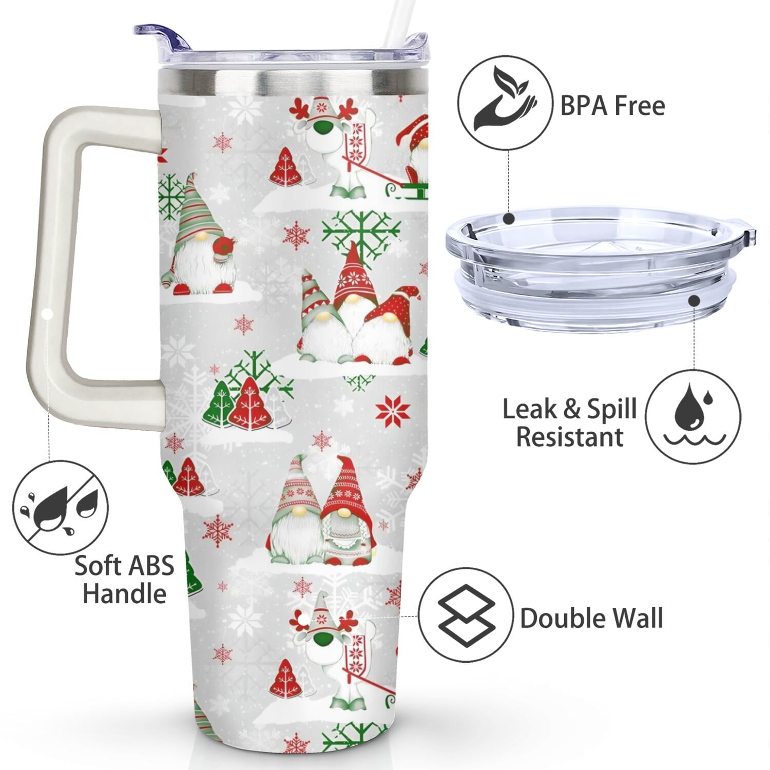 Christmas Gifts 40 oz Tumbler with Handle and Straw Lid,Cute Gifts for Women Winter Gnome Vacuum Insulated Leak Proof Tumbler,Holiday Accessories Stainless Steel Coffee Cup