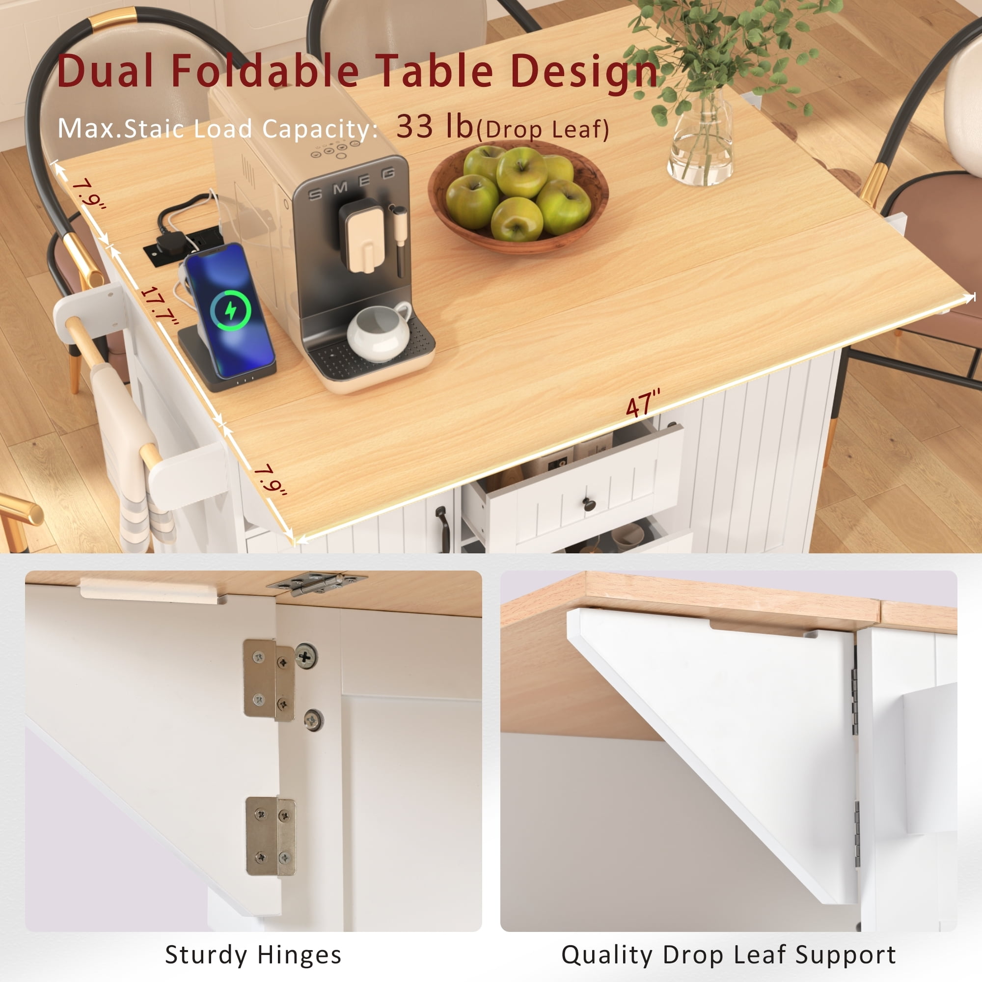 DEALTOPS 55.7" Large Kitchen Island with 2 Drop Leaf, 3 Drawers, Rolling Kitchen Cart on 5 Wheels with Power Outlet, Folding Storage Dining Table with Spice & Towel Rack for Kitchen-White