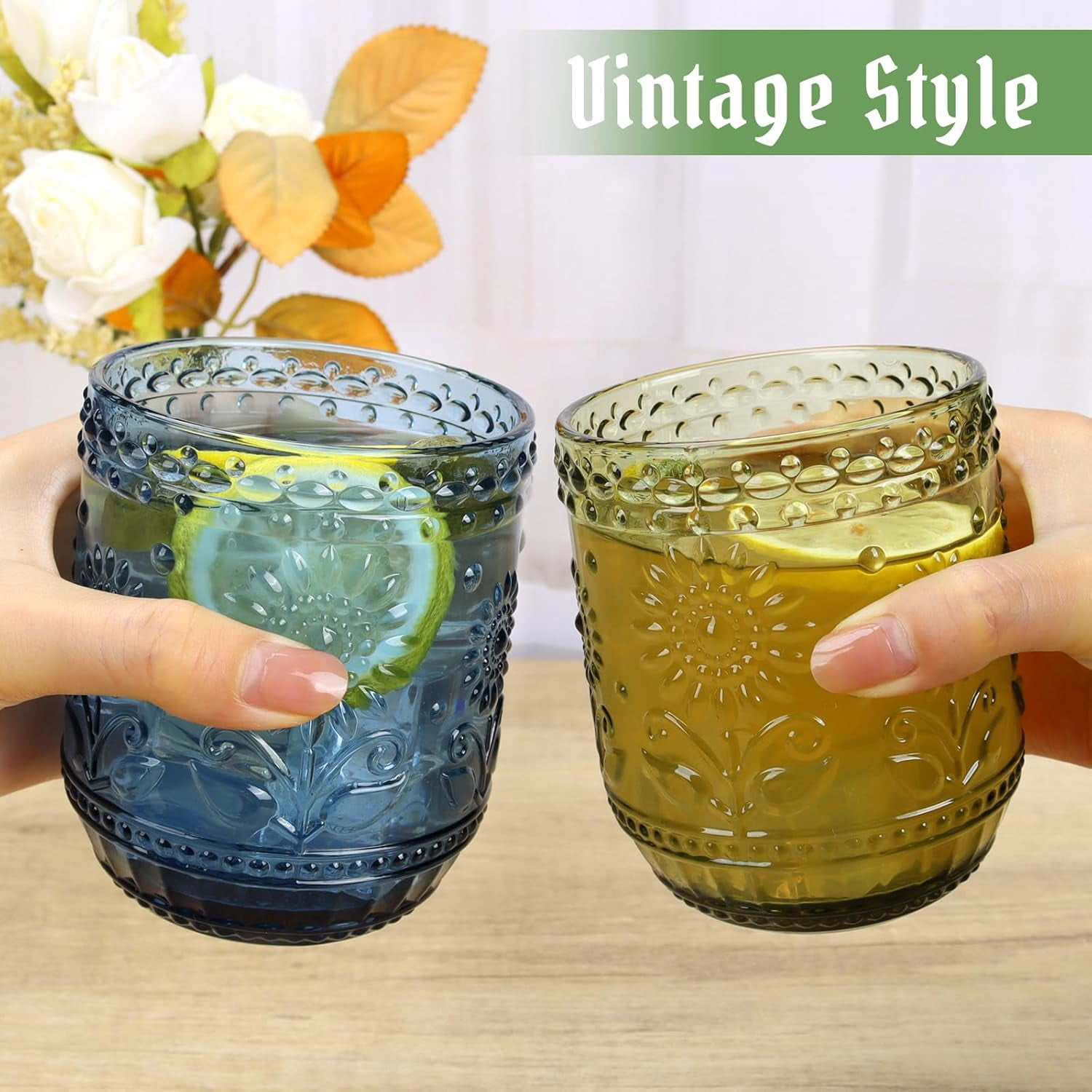 NANAHuang Vintage Drinking Glass Set of 4,12 oz Embossed Floral Drinkware Set,Green Drinking Glasses Cups Wine Glasses Colored Glassware for Whisky,Beer,Juice,Cocktail,Heavy Duty