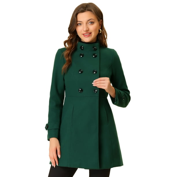 Abrigo de invierno Allegra K con bolsillos inclinados y doble botonadura Verde oscuro XL