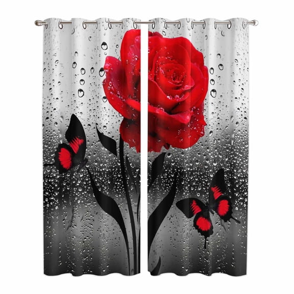 Valentine's Day Kitchen Curtains Window Panels, Red Rose Floral Watercolor Butterfly Flowers Insulated Window Treatment Curtain, Grommet Curtains for Bedroom/Living Room/Bathroom, 2 Piece 42"Wx84"L