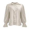 thumbnail image 5 of Women's Solid Color Satin Shirt, Puff Sleeve Turn-Down Collar Button Down Blouse, Elegant Office Work Blouse and Casual Date Night Top for Women Beige L, 5 of 5
