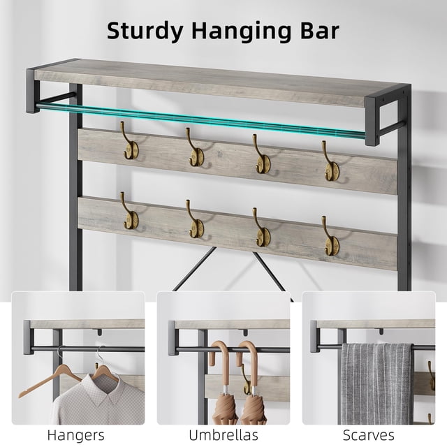 BeesClover Industrial Coat Rack Shoe Bench 72" Hall Tree Shoe Rack for Entryway Large Storage Shelf and Removable Hooks Metal Frame