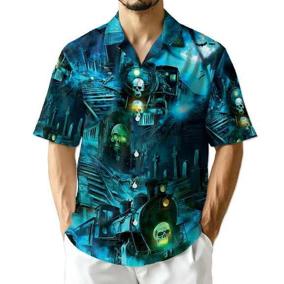 Netecom Ghost Train Hawaiian Shirt for Men, Horror Style, Button Down Summer Beach Short Sleeve, S-5XL