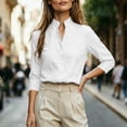 thumbnail image 5 of VBVC Women's Linen Stand Collar V Neck Blouse, Ladies' Long Sleeve Work Shirt, Elegant Office Top For Women, White , S-2XL, 5 of 7