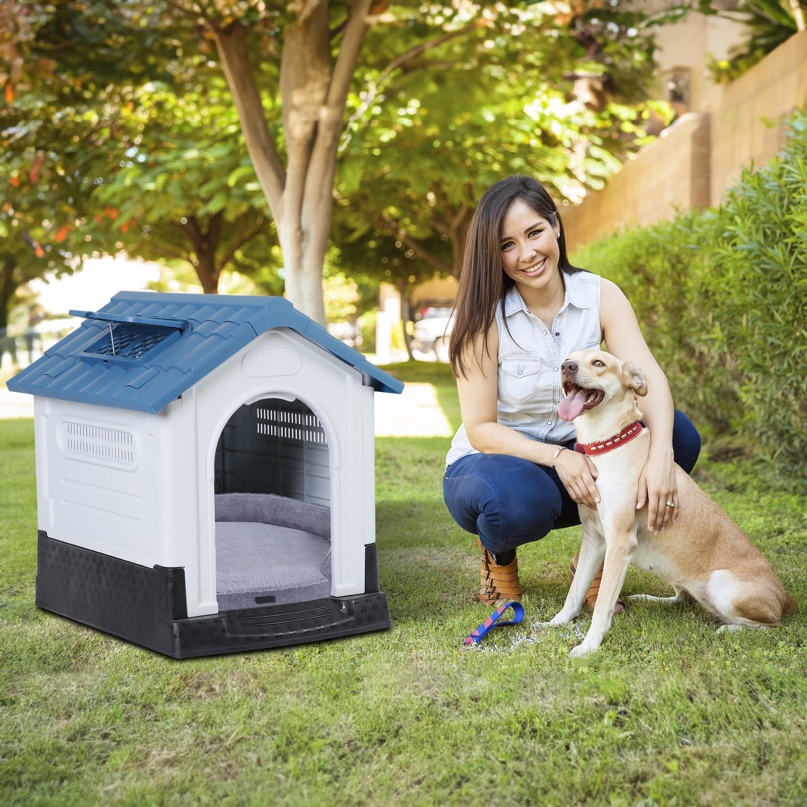 Plastic Dog House Indoor Outdoor Dog Kennel Easy to Assemble Puppy Shelter with Adjustable Skylight Elevated Floor Waterproof,Blue