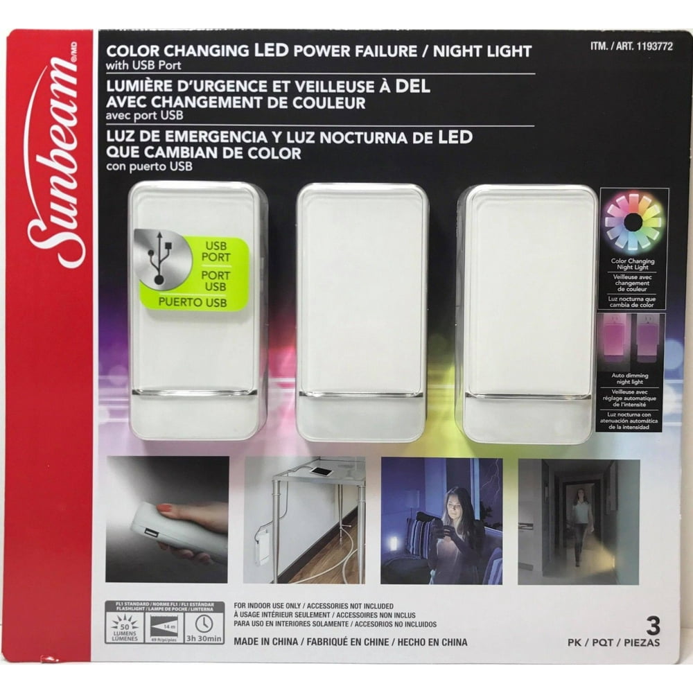 Sunbeam Color Changing Led Power Failure Night Light 3 Pk White